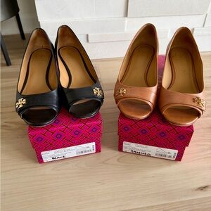 Authentic Tory Burch Kira 45MM Open Toe Wedge Calf Leather Size 8, Black & Tan